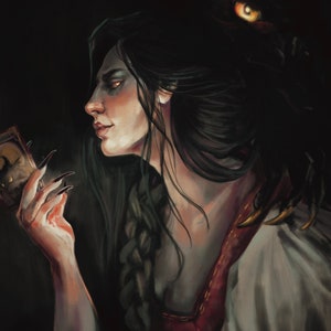 May include: A woman with long dark hair gazes at a playing card in her hand. Her eyes are a bright green, and she has long, sharp nails. A shadowy figure with a glowing yellow eye is behind her.