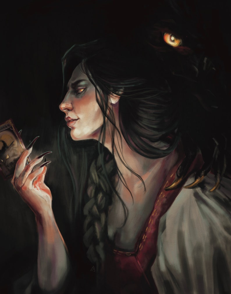 May include: A woman with long dark hair looks at a playing card in her hand. Her eyes are a bright green, and she has long, sharp nails. A shadowy figure with a glowing yellow eye is behind her.