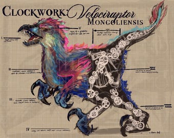 May include: A scientific illustration titled Clockwork: Velociraptor Mongoliensis on tan grid paper. The creature features colorful blue, purple, and pink feathers on the head and torso, while the rear body displays white mechanical gears.