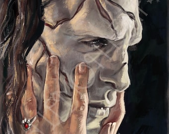 May include: A portrait depicting a person with a cracked mask, painted in subdued colours. A hand delicately touches the mask, displaying a ring with a red gemstone. The artwork has a dark backdrop and a soft, painterly style.