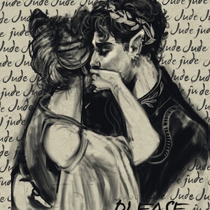 May include: A black and white drawing of two people embracing. The woman is wearing a white dress and the man is wearing a dark shirt. The word "PLEASE" is written in large letters at the bottom of the image.