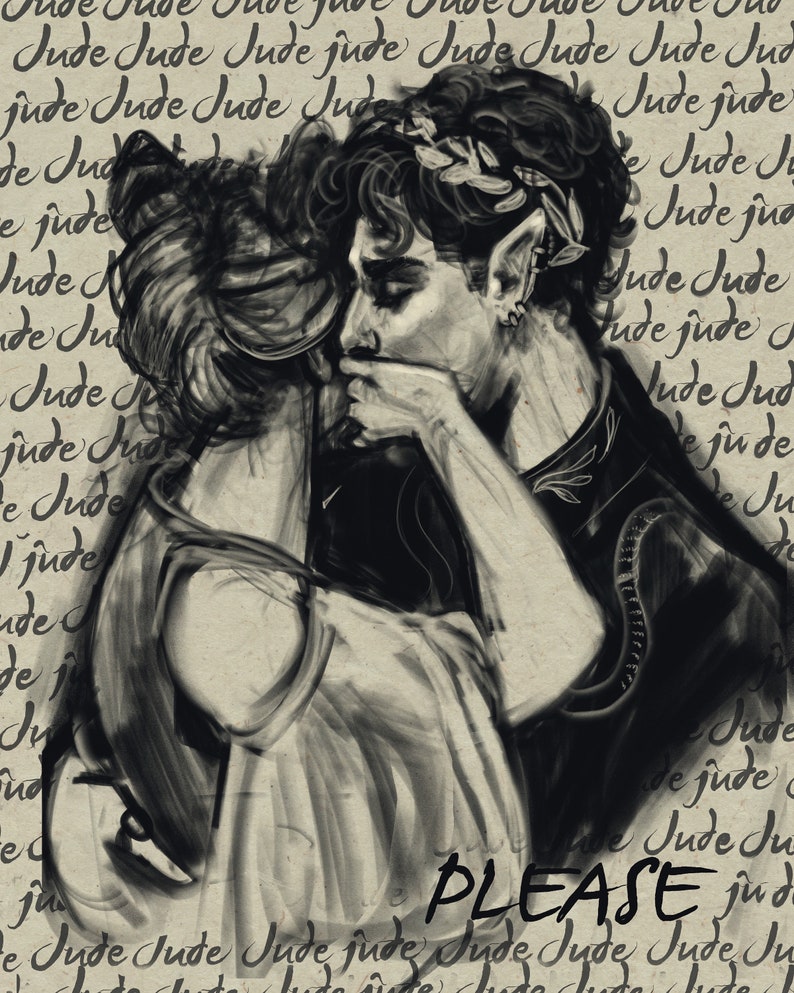 May include: A black and white drawing of two people embracing. The woman is wearing a white dress and the man is wearing a dark shirt. The word "PLEASE" is written in large letters at the bottom of the image.