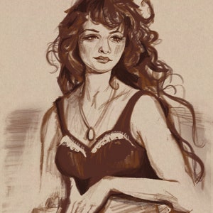 May include: A woman with long, curly brown hair is wearing a brown sleeveless top with lace trim. She is wearing a silver necklace with a pendant. The background is a light brown.