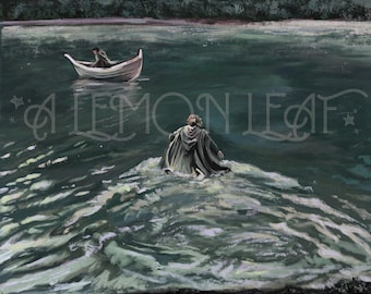 May include: A painting shows a person wading in water towards a boat. The water is dark teal, and the boat is white. The text "A Lemon Leaf" is in the center of the image. The artwork has a serene, almost ethereal quality.