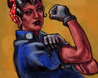May include: A digital illustration of a red-skinned figure with horns wearing a blue shirt and a red polka-dot headscarf, flexing an arm. The text reads "She Can Do It! again and again and again" and includes a circular logo with a fish skeleton.