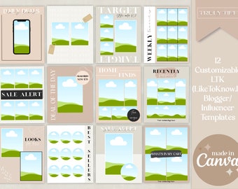 May include: Twelve customizable social media templates for bloggers and influencers. The templates feature a green and blue landscape with clouds and text overlays. The text includes "Daily Deals", "Sale Alert", "Deal of the Day", "Target", "Weekly Finds", "Home Finds", "Recently Posted", "Looks for Less", "Best Sellers", "Sale Alert", "What's in My Cart", and "Truly TIFF".