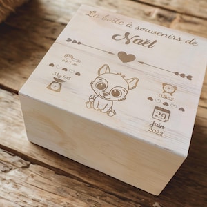 Boîte à souvenirs bébé personnalisée gravée avec petit chien, Coffret en bois naissance, Cadeau original baby shower fille ou garçon
