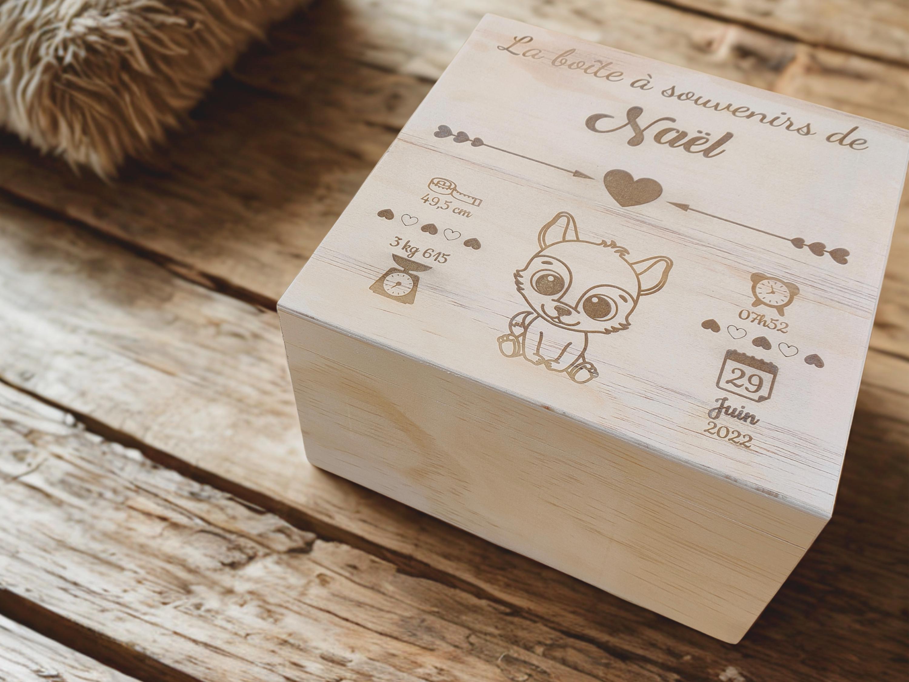 Personalized baby memory box engraved with little dog, Wooden birth box, Original baby shower gift for girl or boy