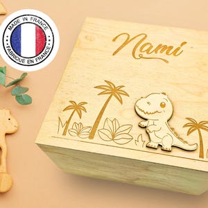 Houten baby-herinneringsdoos met naam, Babyshowercadeau, Opbergruimte voor eerste herinneringen, Dinosaurus-herinneringsdoos