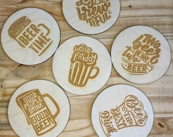 Set de 6 dessous de verre en bois "bière" / Set of 6 coasters "beer"