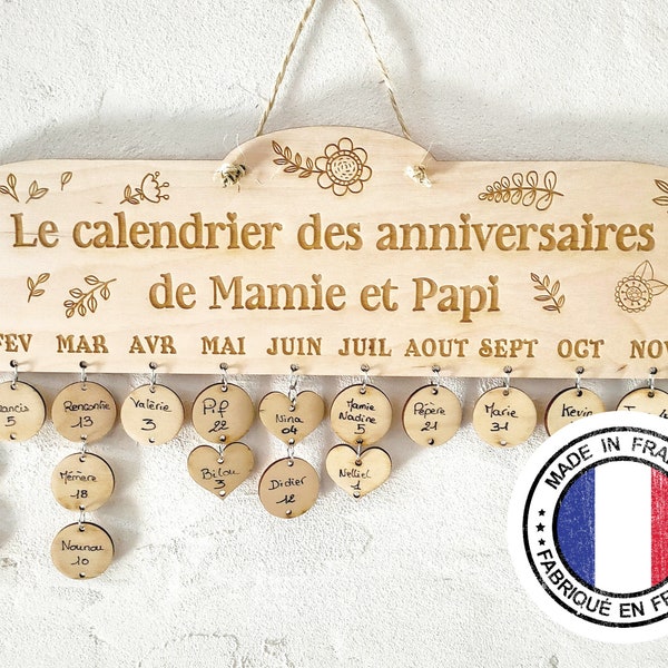 Calendrier d'anniversaire en bois personnalisé, Tableau d'anniversaire, Anniversaires de famille, Cadeau grands parents, Cadeau Noël 2023