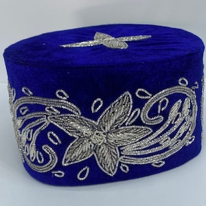 Royal Blue Velvet Igbo Ozo Cap: Silver Beaded Nigerian Hat