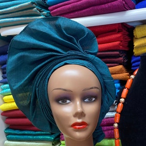 Teal Green Nigeria Autogele, African Gele head tie hat, Aso-Oke Fabric, gele Headwrap, Ready-to-Wear Autogele for Weddings. We ship Next Day