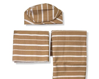 Vintage Brown & White Striped Aso Oke Set: Gele, Ipele, Fila