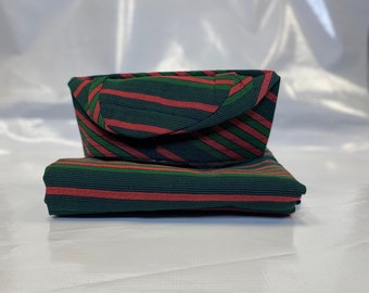 Striped Aso Oke Set: Green & Red Gele, Ipele, and Fila