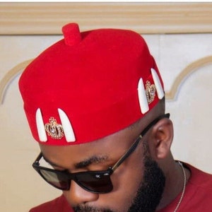 Nigerian Wedding Hat, Nigerian Mens Hat, African Velvet Hat, African Royalty Hat, African Chief Hat, Gifts for Husband, Gifts for Boyfriend, Gifts for Dad, Royalty African Cap, Cowries African Hat, African Chiefs Hat, Ibo Red Hat, Leadership Cap