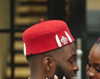 New Fashion Cowries African Ibo Red Kufi Hat, African Royalty Hat, Nigerian Wedding Hat, Gifts for Husband, Gift for Boyfriend Ship next day