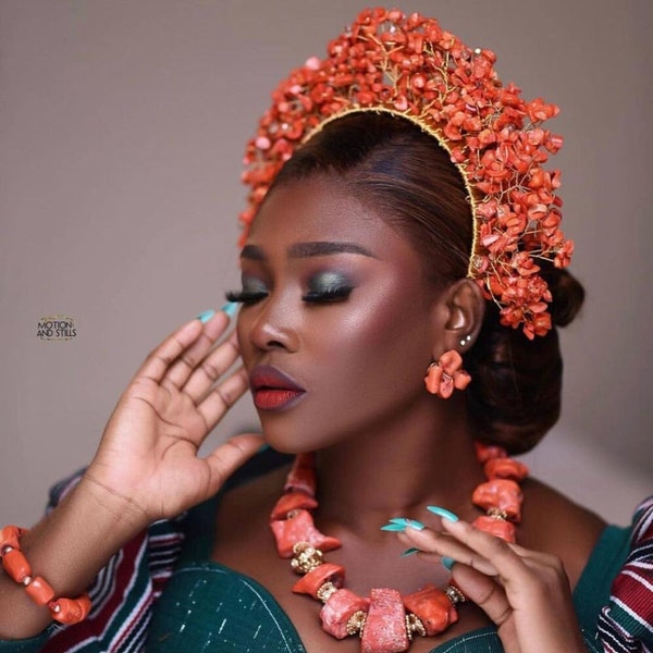 Nigerian Red coral beads, Antique Coral beads headpieces, bangles, earrings, bracelet, angel skin coral necklace perfect for African Wedding