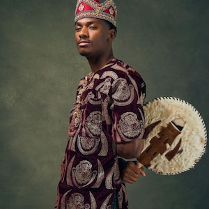 Traditional Isi Agu Igbo Attire with Red Igbo Hat and Ceremonial Fan African Cultural Outfit for Men Royal Nigerian Clothing | Chief Attire