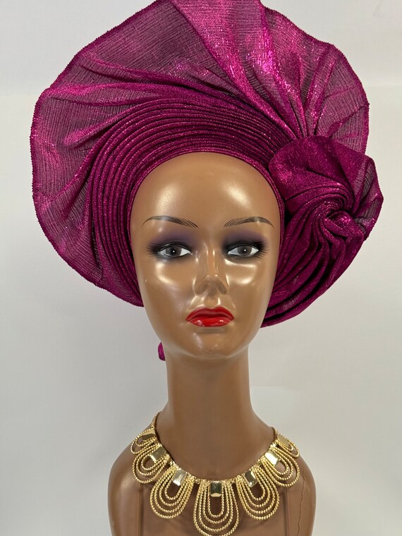 Fuchsia Auto Gele Aso Oke Headwrap | Pre-tied Nigerian Head  display picture 2