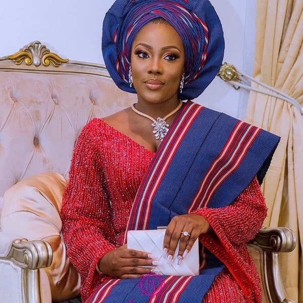 Aso Oke Blue Multi Color Etu for Bride Gele and Ipele Nigerian Wedding Dress, African Traditional Wedding Dress, African Wedding Fashion