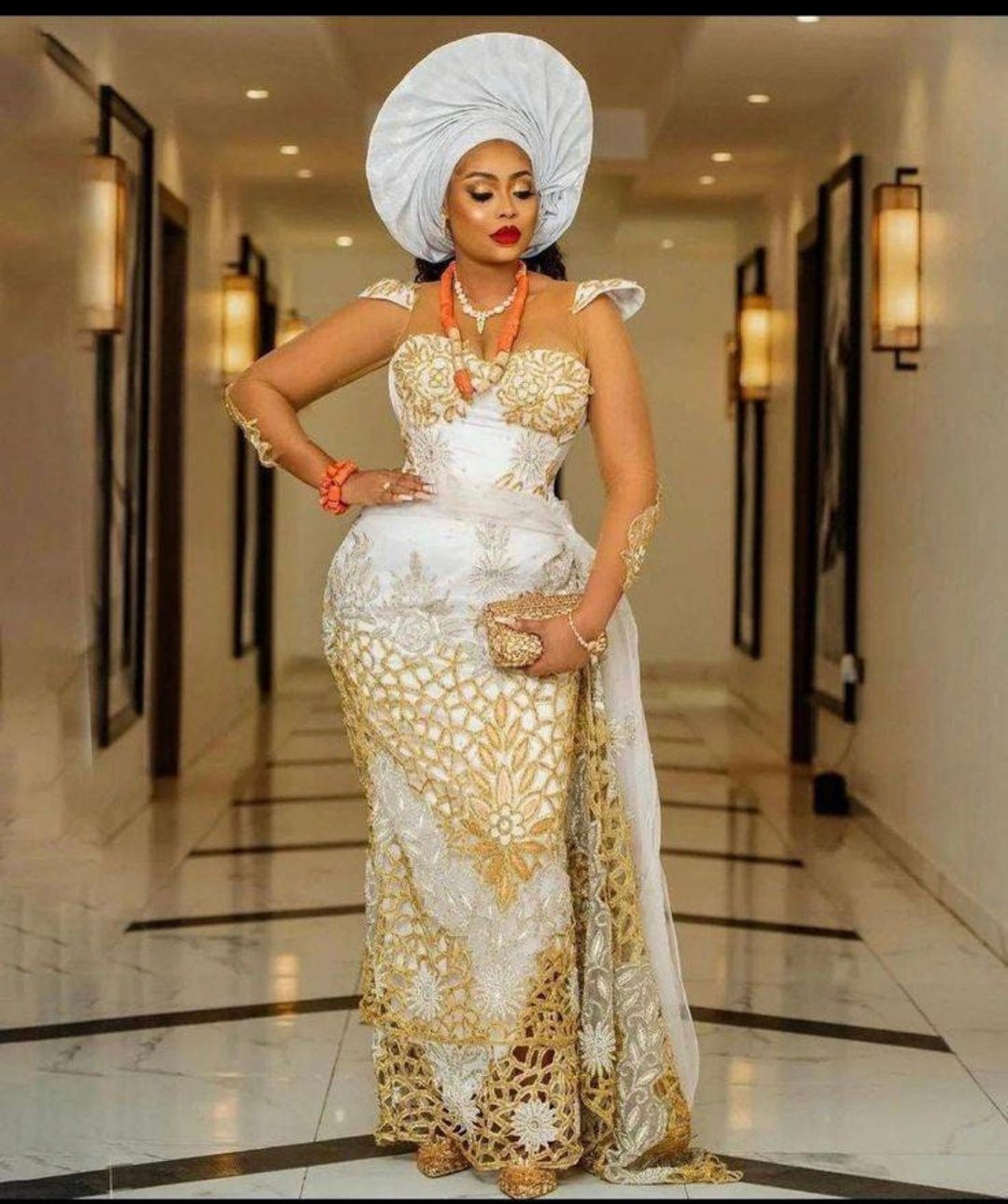 Latest Aso Ebi Dress With Gold And White Gold And White Indian George Bridal Set Yoruba/igbo Wrapper And Latest Aso Ebi Dress With Gold And White Gold And White Indian George Bridal Set Yoruba/igbo Wrapper And