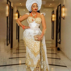 Luxury Yoruba Bridal Outfit | Gold & White Lace Iro and Buba Set with Gele Headwrap