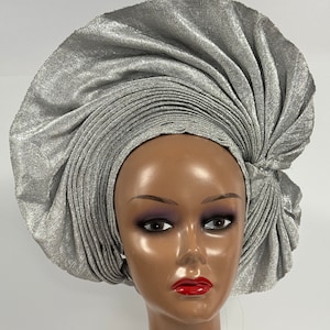 Grey Silver Autogele: Ready to Wear Asooke Headwrap