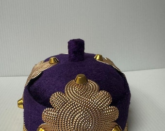 Purple Yoruba Royal Crown Cap | Beaded Velvet Fila Oba Hat for Traditional African Ceremonies