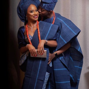 Cute unique Aso oke Traditional Complete Couple outfit etu Nigeria Traditional Wedding fabric wedding guest outfit fabric. SHIP NEXT DAY!