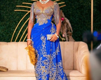 New Royal blue George fabric, luxury  George , Heavy hand-beaded George  Material only 2.5+2.5+2 Net blouse we ship next day