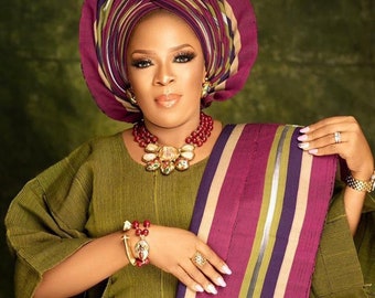 Aso Oke Gele Ipele Buba Set | Nigerian Yoruba Wedding Attire, African Headwrap