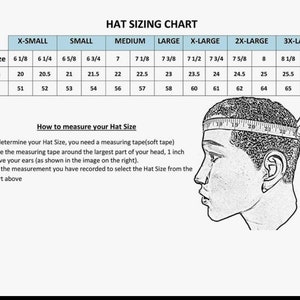 May include: A hat sizing chart with a diagram showing how to measure your head for the correct hat size. The chart shows hat sizes in inches and centimeters, ranging from X-Small to 3X-Large.