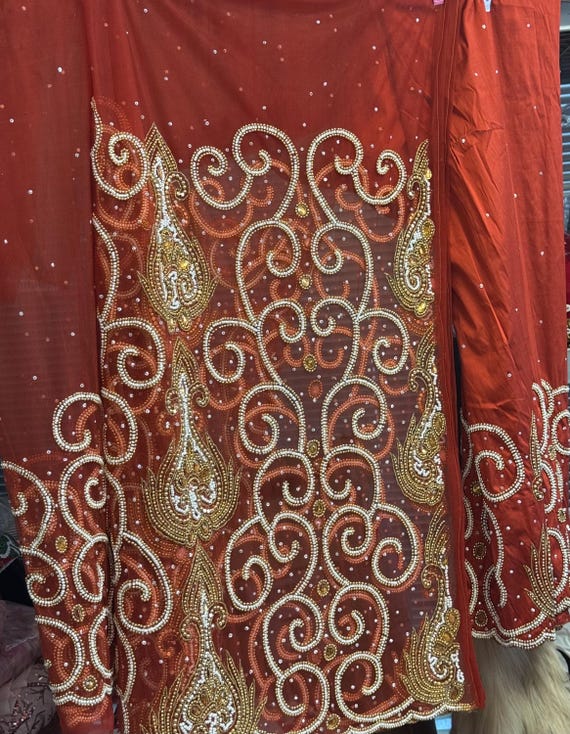 Luxury Red and Gold Beaded Lace Fabric African George Lace for