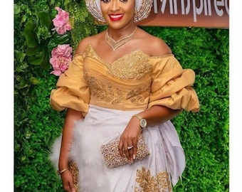 White and Gold George Material for bride George Nigerian Crystal Stone Work Hand Made Beaded  3peice George with Net Blouse We Ship next day