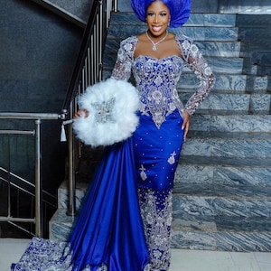 Royal blue Material  only beaded Bridal George Fabric for Nigeria Traditional Wedding, African couple , Igbo Edo wedding SHIP NEXT DAY