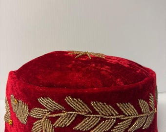 Igbo Red Velvet Chief Hat, Hand-Embroidered African Traditional Men’s Cap