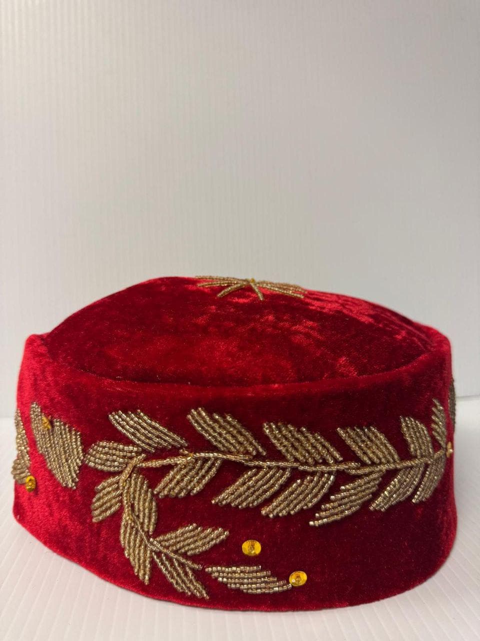 Igbo Red Velvet Chief Hat, Hand-embroidered African Traditional