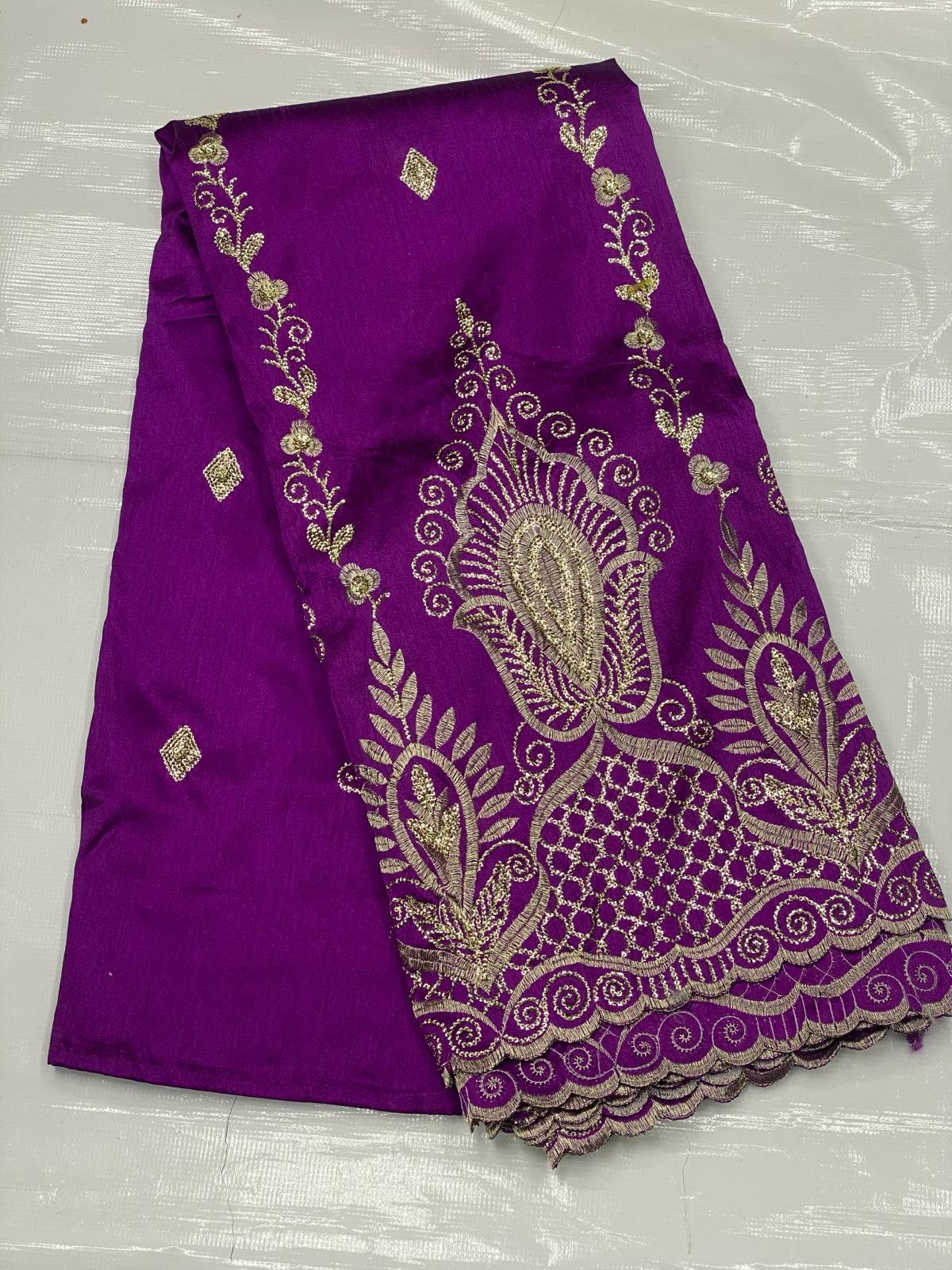 Royal Purple George Lace Fabric | Gold Embroidered Asoebi Material for Traditional Outfits