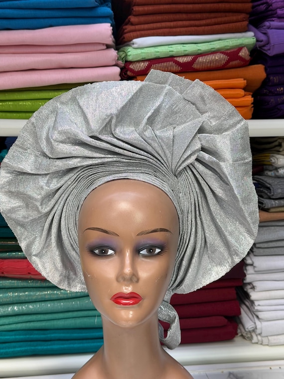 Silver Auto Gele: African Wedding Head Wrap - Etsy display picture 1