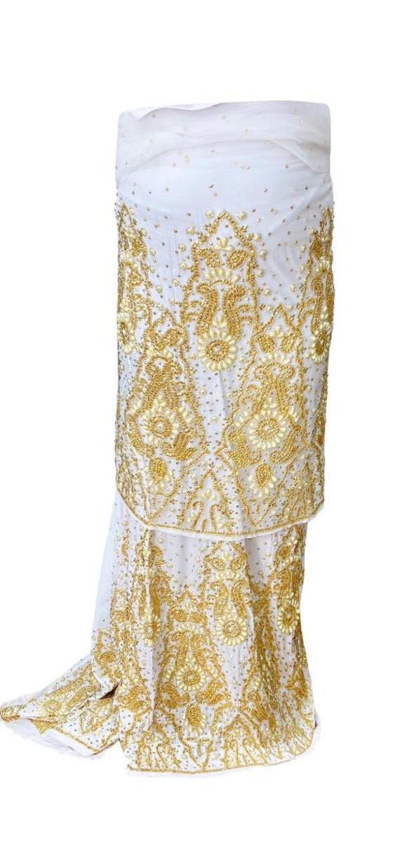 Beaded White & Gold Lace Fabric: African Bridal Asoebi Material, 5 Yards - Etsy Singapore Beaded White & Gold Lace Fabric: African Bridal Asoebi Material, 5 Yards - Etsy Singapore