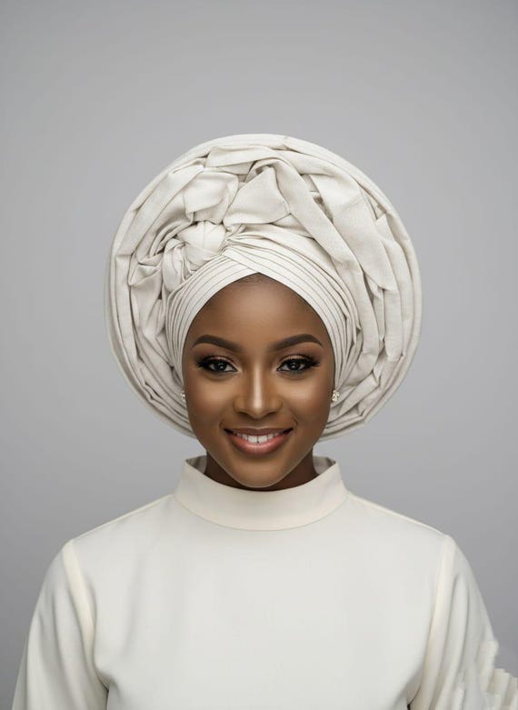 White Aso Oke Auto Gele | Pre-tied Nigerian Headwrap - Etsy display picture 3