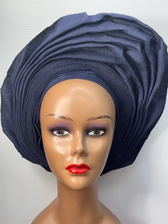 Navy Blue Auto Gele: Ready to Wear Nigerian Wedding Headwrap  display picture 3