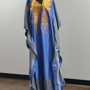 Blue African Kaftan with Gold Embroidery |  Free Size Ankara Robe | Modest Ethnic Dress