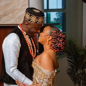Igbo Traditional Wedding Attire Set | African Bridal hair vine  | Coral Bead Set with Wrapper and  | Nigerian Cultural  Hair vine two set