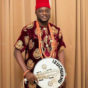 African wedding set of isi agu velvet for men shirt, red fabric style Top. Unisex classic Isi Agu top, luxury Top Class perfect for groom.