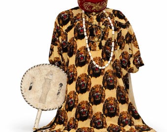 Listo para enviar el mismo día / Camiseta Isi Agu de terciopelo dorado para hombre, camisa tradicional igbo con estampado de cabeza de león, ropa africana nigeriana para hombre, estilo jefatura.