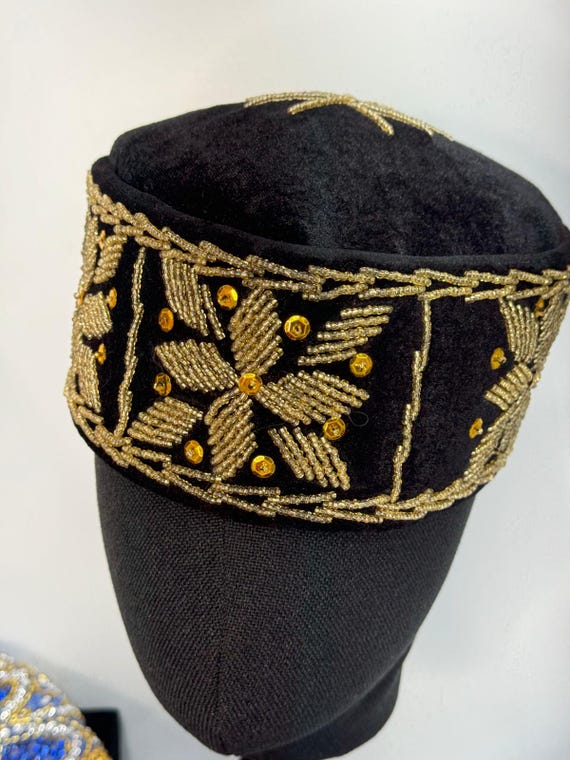 Handmade Igbo Beaded Velvet Cap: Black & Gold Nigerian Chief Hat