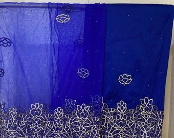 Royal Blue Nigerian George Wrapper, Silver flower pattern design for Bridal outfits, Weddings. Blouse 1.5 and wrapper 5yds. We ship next day