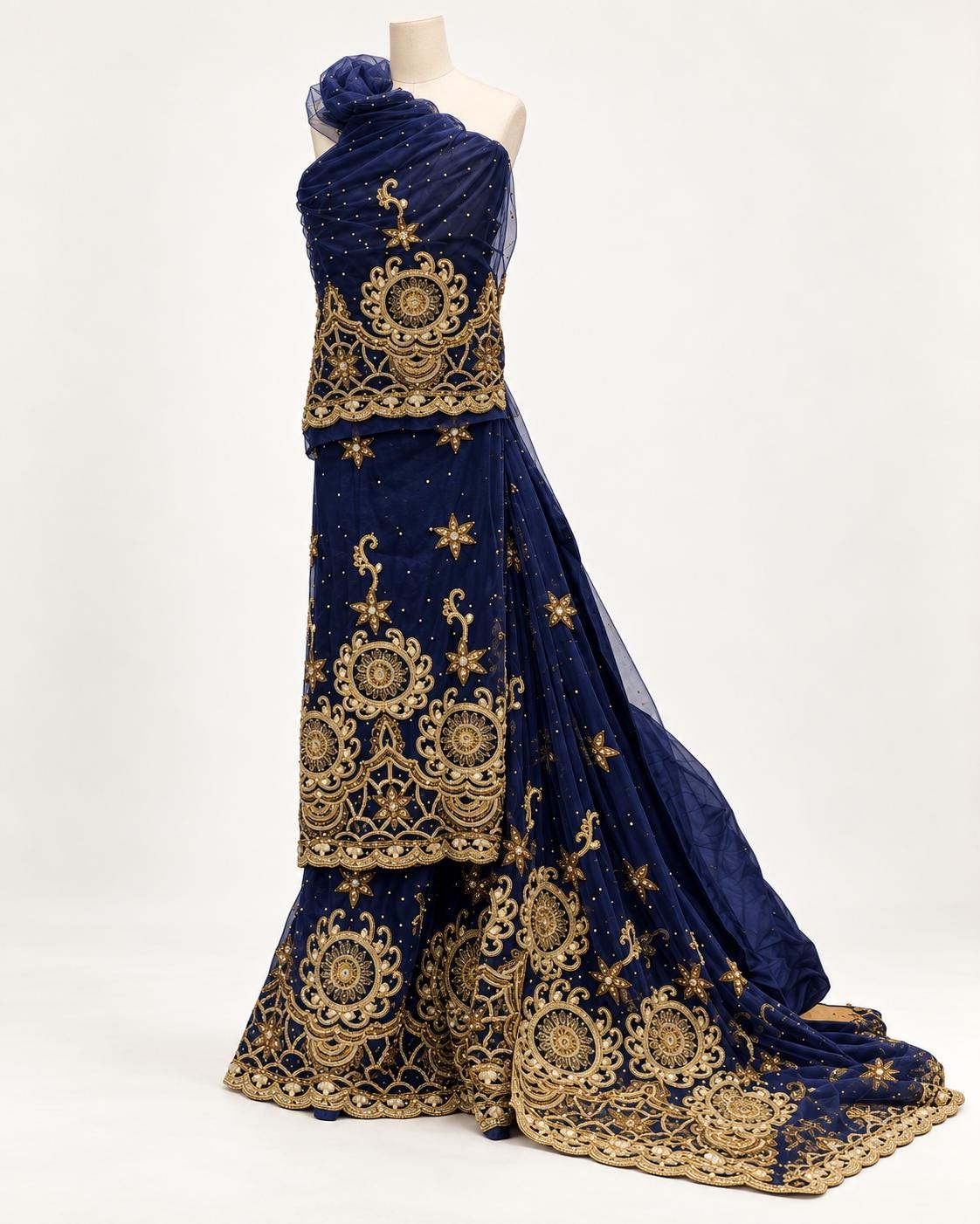 navy and gold wedding dress Blue George Fabric 6.5 Yards, Hand Beaded Nigerian Lace, Igbo Bride Aso Ebi Wrapper Material bride navy blue wedding dress